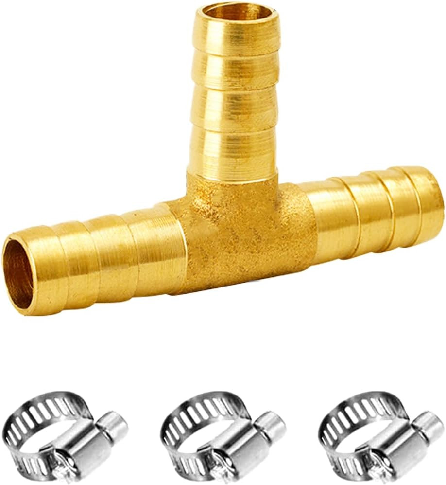 1″ Brass Barb Tee Fittings T-Shaped 3 Ways Union Hose Barb Pipe Fitting with 3Pc