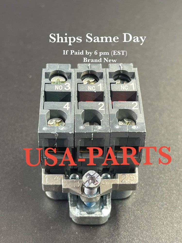 New Schneider ZB4BZ141 w/Metal Latch , 1NO ZBE101 And 2NC ZBE102 Contact Blocks
