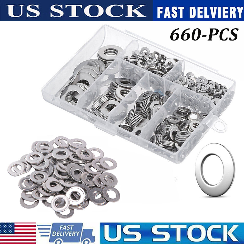 660 Pieces of 304 Stainless Steel Washers Flat Washer Assortment Kit 6 Sizes New