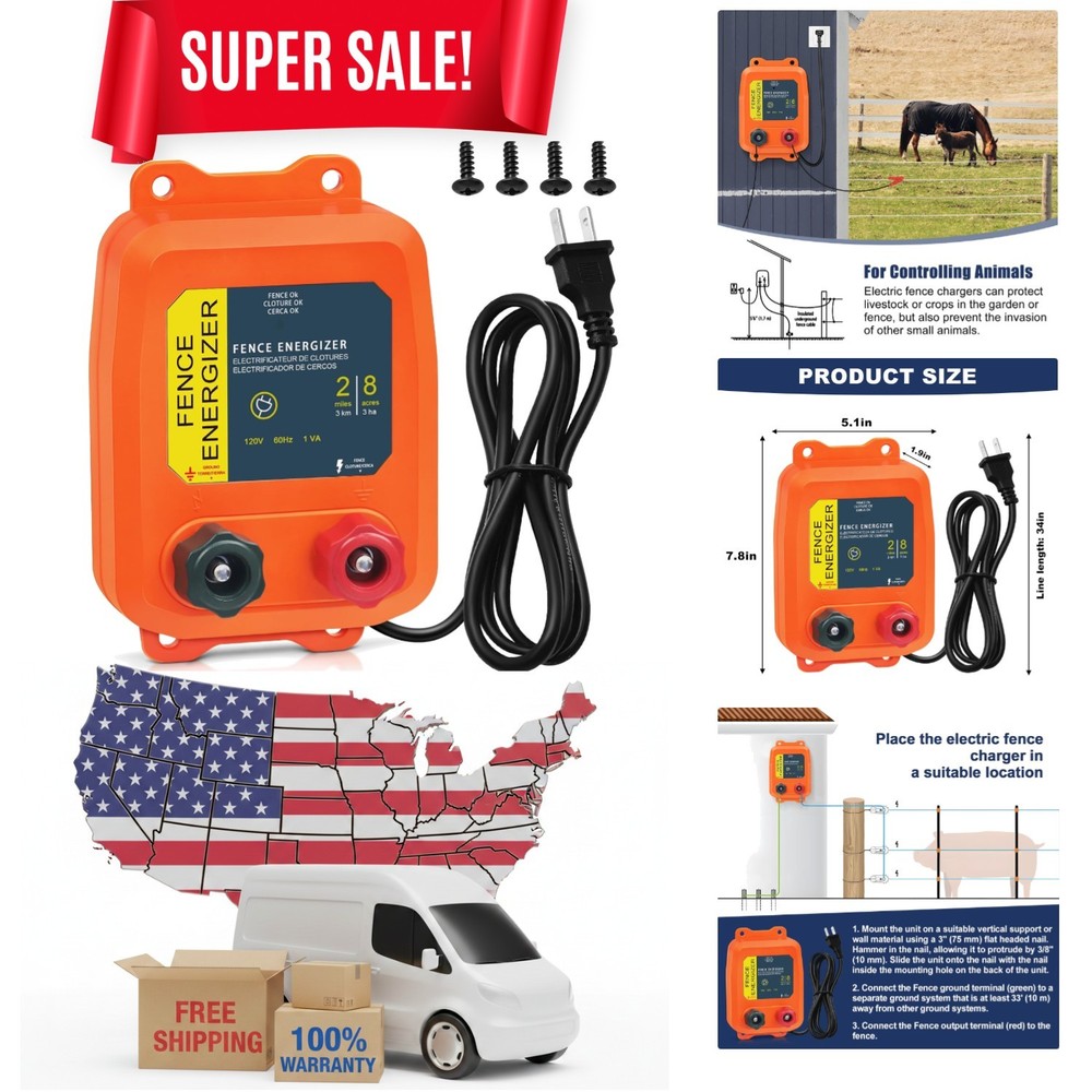 Reliable Plug-In Electric Fence Charger for 8 Acres – Protect Livestock & Pets!
