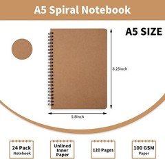 24 Pack Hard Cover A5 Spiral Journal Unruled Notebook 60 Sheets Each 5.8×8.25 In