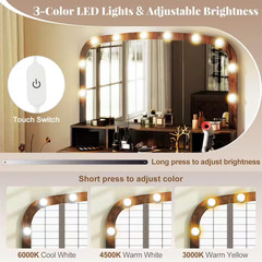 2-Piece Rustic Brown Makeup Vanity Set with Large Mirror 3-Color Lights for Bedr