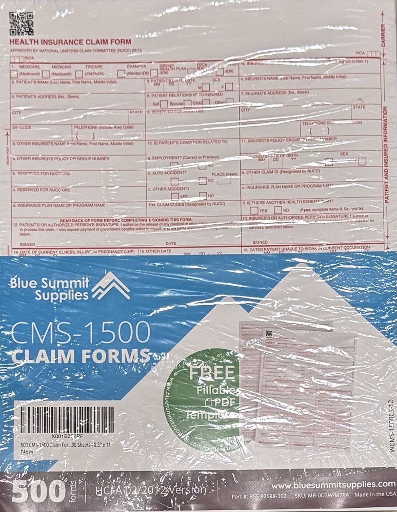 Blue Summit Supplies CMS 1500 HCFA Version 02/12 500 Health Claim Forms with PDF