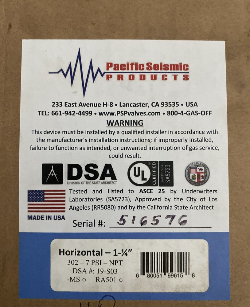 Pacific Seismic 1 1/4” Horizontal Gas Earthquake Valve
