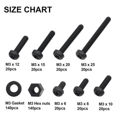 M3 Black Nylon Plastic Pan round Head Screws, Nut Bolts, Gasket Assortment Kit(M