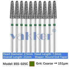 10pc Dental FG High Speed Diamond Burs Round End Taper Burs 855-025C Coarse Grit