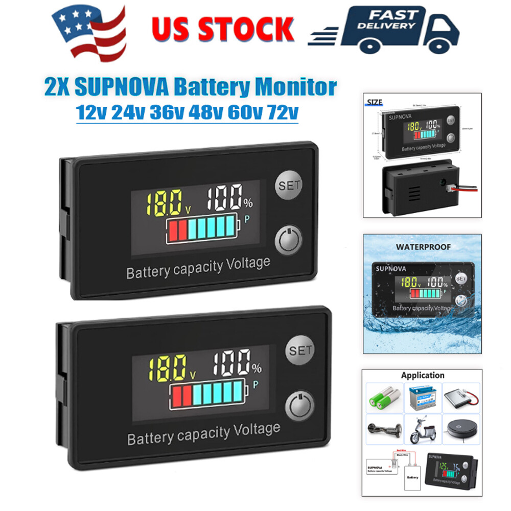 2PCS Battery Monitor Meter 12V 24V 36V 48V 60V 72V Capacity Tester With Alarm US
