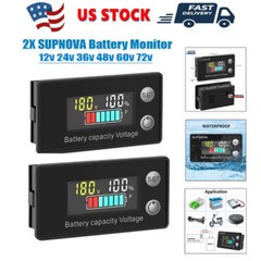 2PCS Battery Monitor Meter 12V 24V 36V 48V 60V 72V Capacity Tester With Alarm US