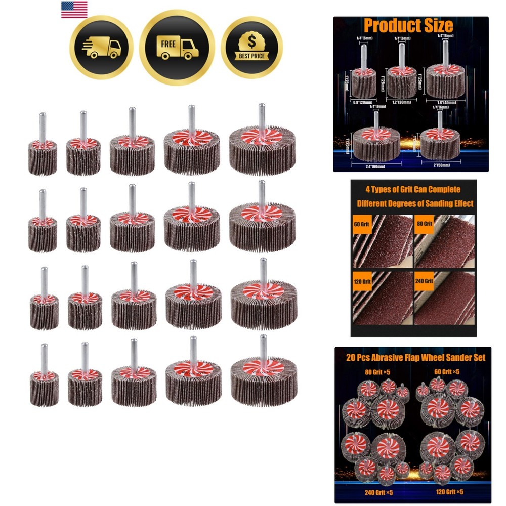 20 Pcs 5 Sizes 60/80/120/240 Grits Abrasive Flap Wheel Sander, 1/4 Inch Shank…