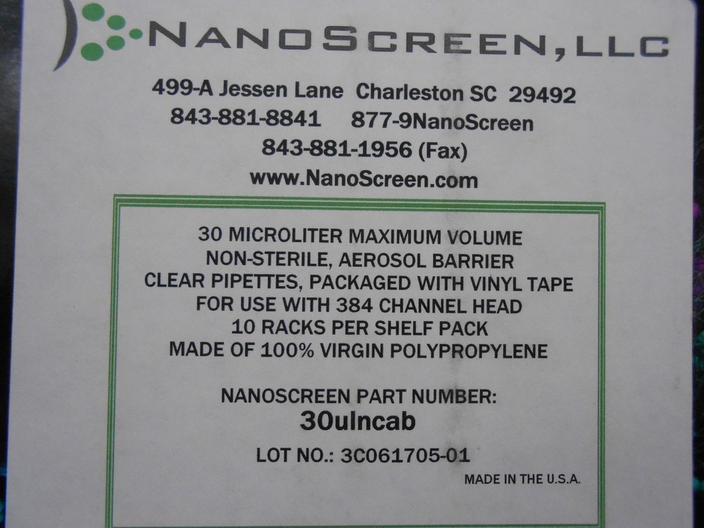 CASE OF 5 PACKS OF NANOSCREEN 30ulncab 30ul PIPETTE TIPS. 10 RACKS PER PACK.
