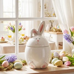 Gandeer Easter Bunny Ceramic about 20 x 15 cm/ 7.8 x 5.9 inches, white, pink