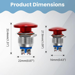 Red Mushroom Head Momentary Push Button Switch IP65 Waterproof 12V 24V 110V 250V