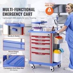 VEVOR 5 Tiers Lab Carts Mobile Medical Cart with 5 Drawers & 2 Trash Cans Blue