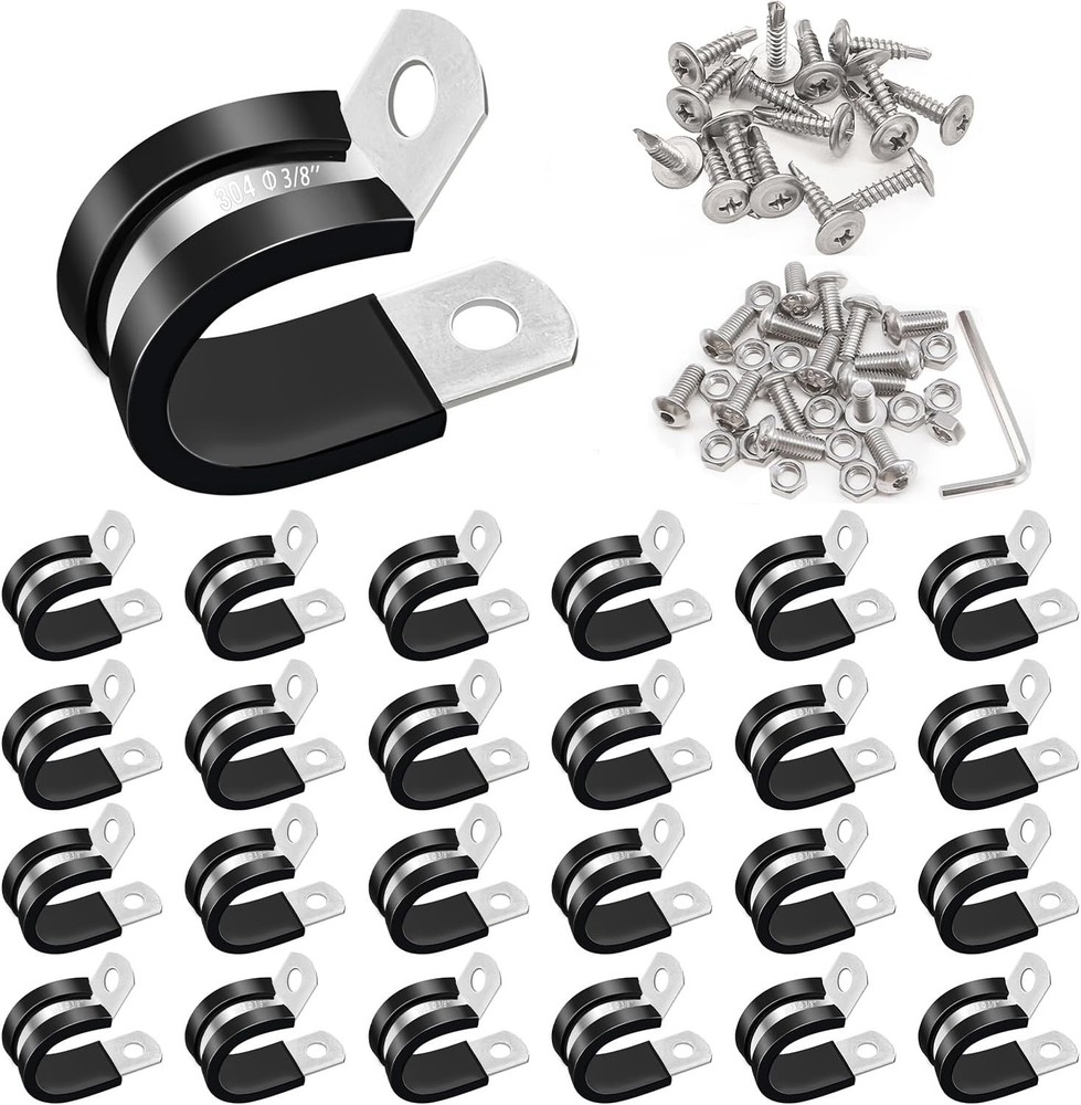 50PCS 3/8 Inch Cable Clamps 304 Stainless Steel Rubber Cushion Insulated Wire Cl
