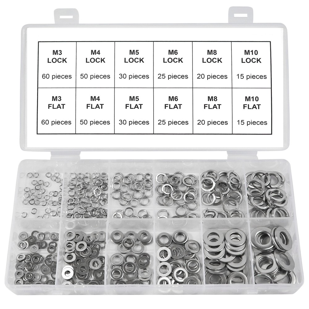 Split Lock and Flat Washer Assortment Set 304 Stainless Steel 400 Piece Silver