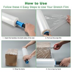 80 Gauge Clear Stretch Wrap Film Roll 15 Inch x 1000 Ft Handles Packing
