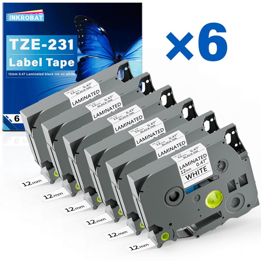 12mm 1/2 Inch x 8m Laminated Label Tape Black On White Fits TZE231 6 PCS