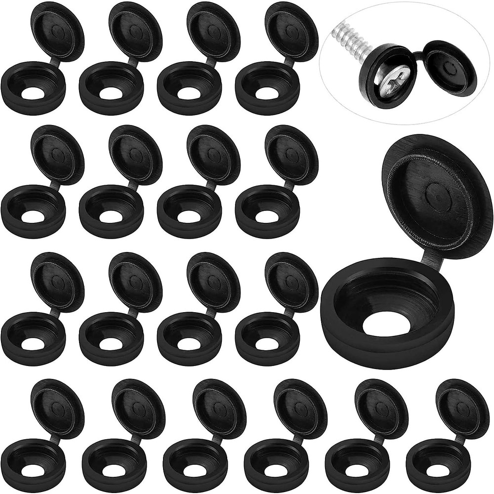 100 Pcs Black Hinged Screw Cover Caps – Snap Flip Tops w/ Washers Small