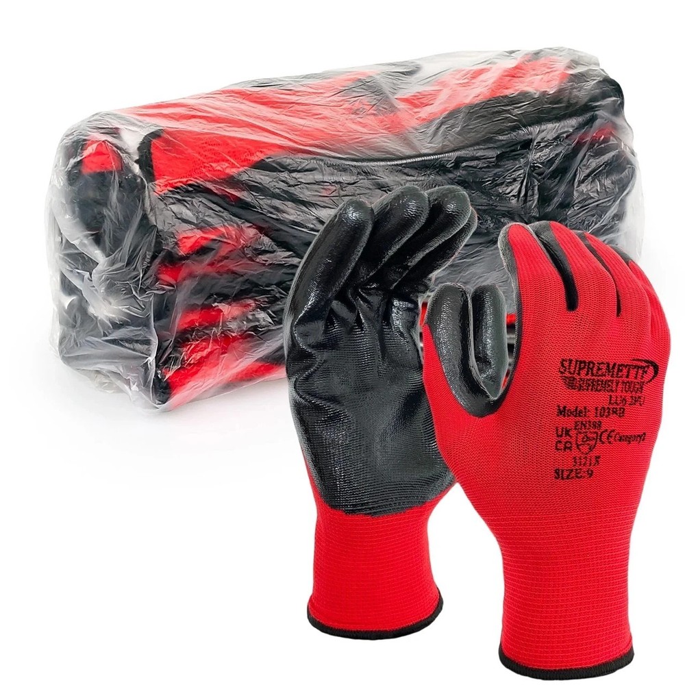 Industrial Work Gloves Black Nitrile Coated Gardening Builder Grip 12 Pairs