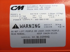 CM Lodestar A Electric Chain Hoist 1/8 Ton 32 FPM Variable Speed 15′ Lift New