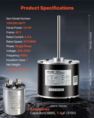 VEVOR Condenser Fan Motor with Capacitor 1/3HP 1075RPM 208-230V CW/CCW Rotation
