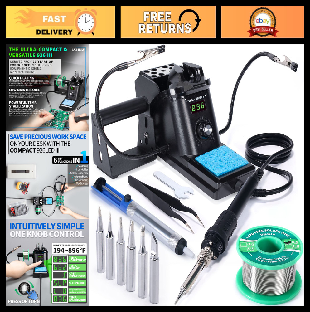 60W Digital Soldering Iron Station Kit with Helping Hands, 6 Tips, Solder & Tool