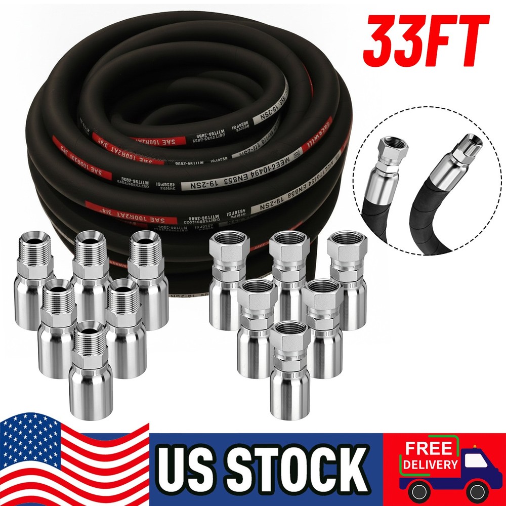 33FT 3/4″ Hydraulic Hose + 12 Straight Fittings 3/4″ JIC Female & 3/4 NPTF Male