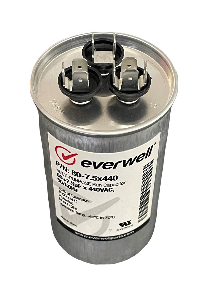 80+7.5µf x 440 VAC MULTI-PURPOSE RUN CAPACITOR, 50/60Hz ROUND TYPE