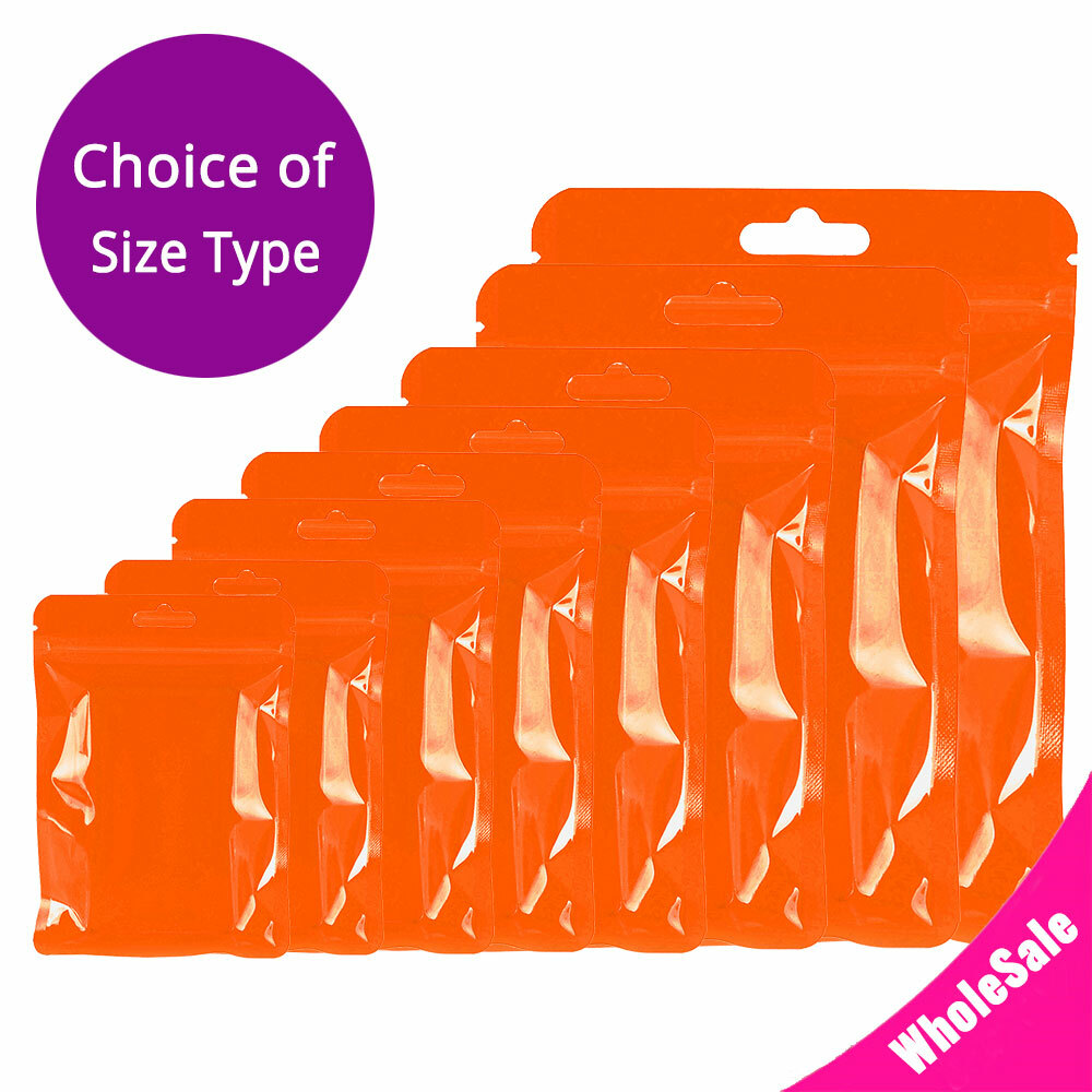 Multi-Size Clear Back Orange Front Glossy Mylar Flat Zip Lock Bag w/Euro Hole