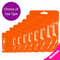 Multi-Size Clear Back Orange Front Glossy Mylar Flat Zip Lock Bag w/Euro Hole