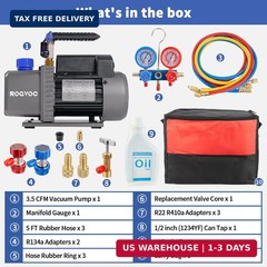 3.5 CFM AC Vacuum Pump and Manifold Gauge Set, 110V 1/4 HP Single Stage Rotary V