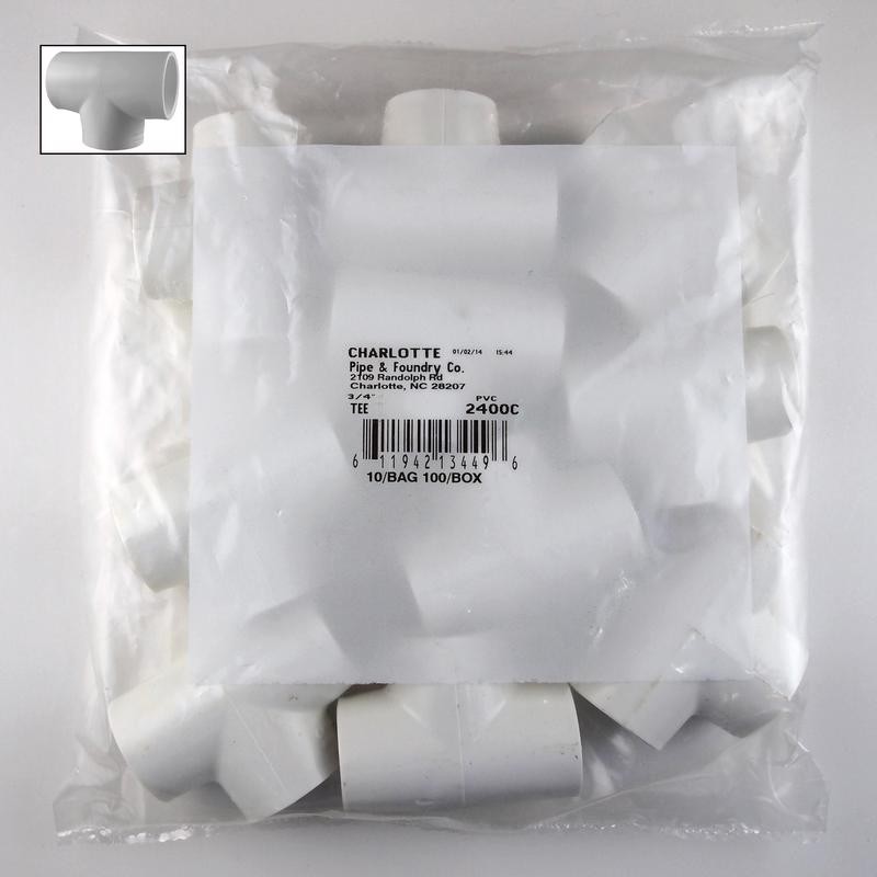 Charlotte Pipe PVC02400C0800 PVC Schedule 40 Tee 3/4 x 3/4 x 3/4 Slip Dia. in.