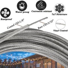 1/8″ Wire Rope Kit 100FT | 7×7 Core Vinyl Coated Stainless Steel Cable with T…