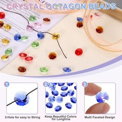 100Pcs 14mm Crystal Octagon Beads, 2-Hole Glass Suncatcher Beads, Blue