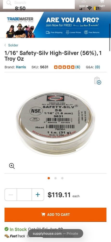 Harris Safety-Silv 56 56% Silver Brazing Alloy Wire 1/16 in 1 t.o. 5631