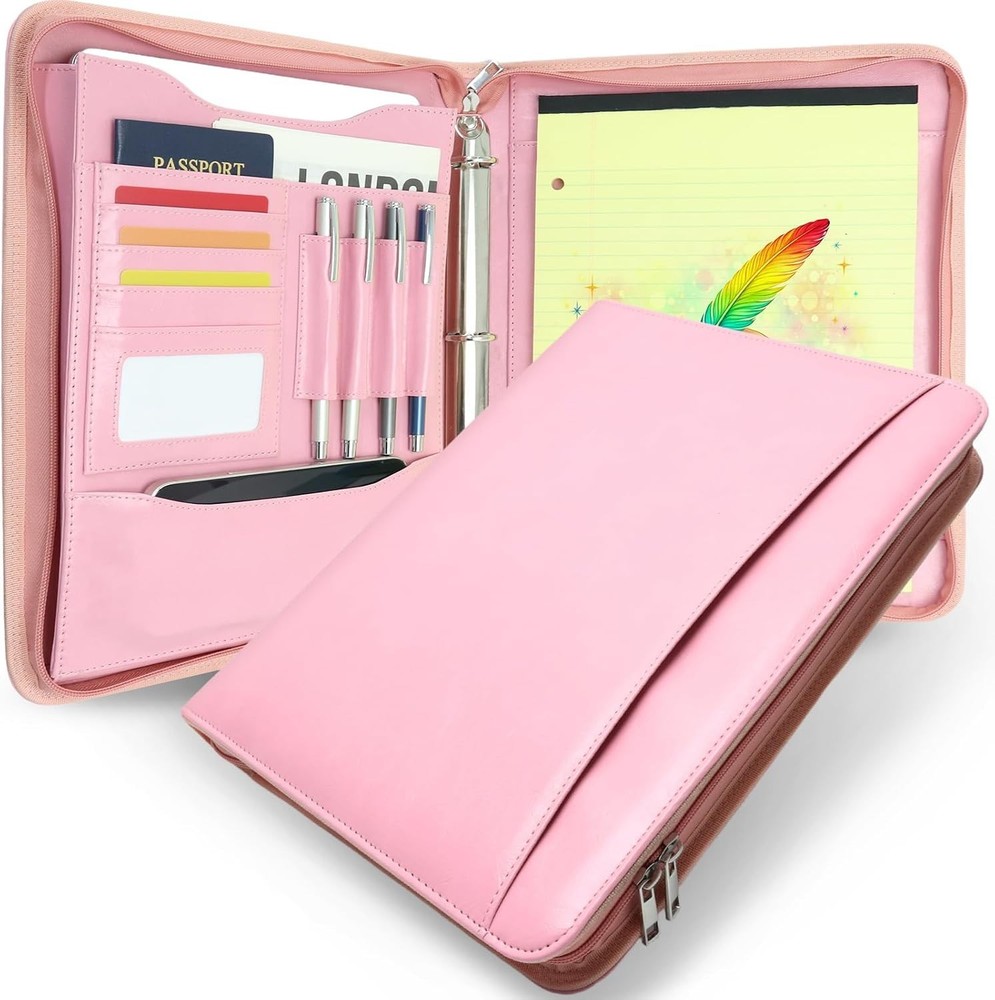 Faux Leather Zippered Padfolio with 3 Ring Binder, Executive Portfolio Organi…