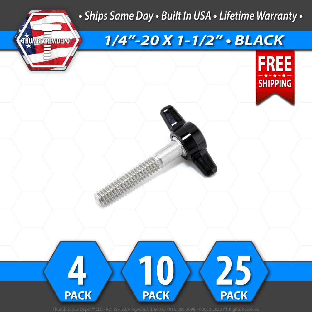 1/4″-20 x 1-1/2″ Thumb Screw Stainless Steel – Black Tee / Wing Knob – USA