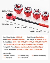 VEVOR Ratchet Pipe Threader Kit Pipes Threader with 1/2″ 3/4″ 1″ 1-1/4″ NPT Dies