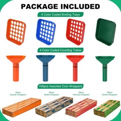 Coin Sorter Tray & Tube Set – 4 Color Coded Coin Separators + 100 Assorted Wrapp