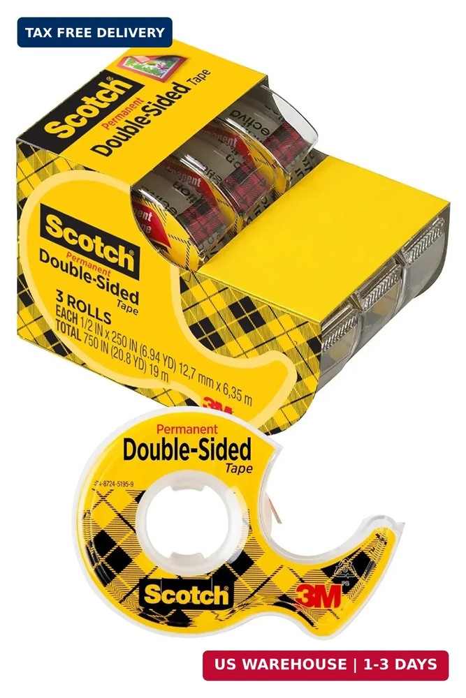 Scotch Double-Sided Tape, 1/2 in x 250 in (12.7 mm x 6.35 m), 3 Pack