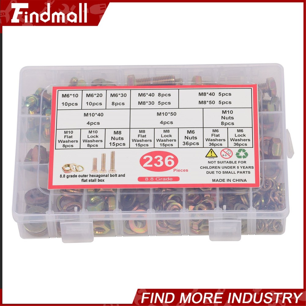 236PCS M6 M8 M10 Heavy Duty Bolts and Nuts Assortment Kit Grade 8.8 Alloy Steel
