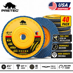 PRETEC 40 Pack 4.5″ Flap Discs 40 Grit Zirconia 5/8-11 Tool-Free Angle Grinder