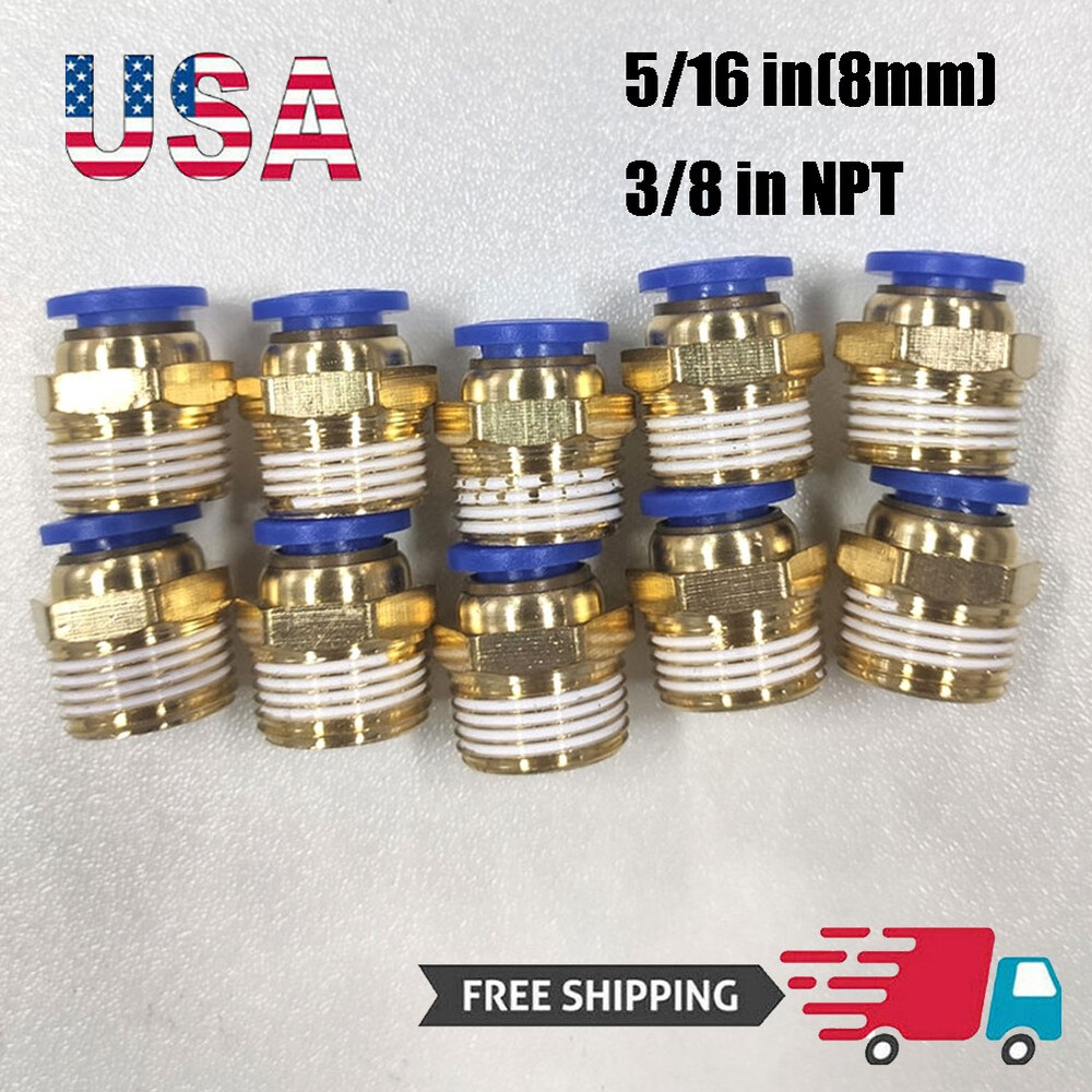 10PC 8mm or 5/16″ OD to 3/8″ NPT Male Straight Push In Connect Tube Fitting
