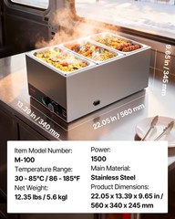 VEVOR Commercial Food Warmer Buffet Bain Marie 1500W Steam Table with Power Cord