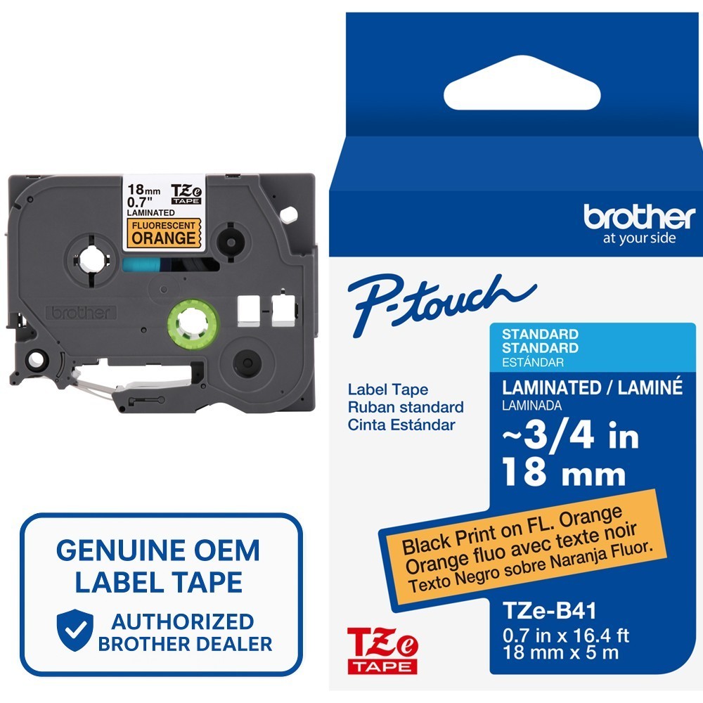 Genuine Brother TZe-B41 Black on Fluorescent Orange 18mm 3/4″ P-Touch Label Tape