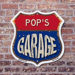 Pop’s Garage Shield Shaped Sign Weather Resistant Crafted in the USA
