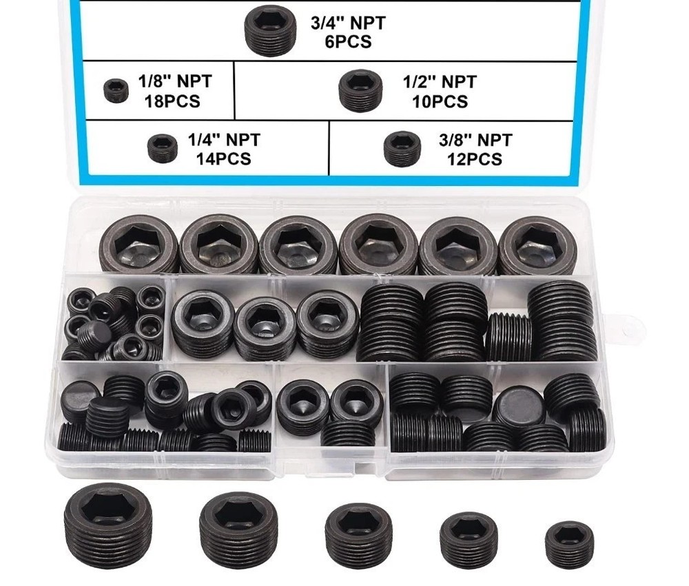 60PCS NPT Plug Set Carbon Steel Pipe Plug Assortment Kit 1/8 1/4″ 3/8″ 1/2″ 3/4″