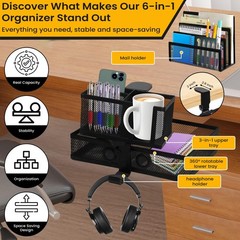 6-in-1 Clamp On Desk Organizer with Cup Holder & 360Â° Rotating Under Desk Dra