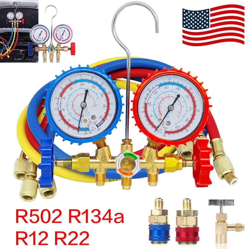 AC Manifold Gauge Set A/C Refrigeration 3 Way Hose Fit For R502 R134a R12 R22