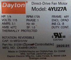 Dayton Fan Motor (Never Used, pulled out of new blower) 1/4 HP. #4YU27A